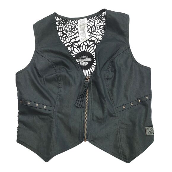 Harley Davidson Women's Black Studded Tassel Zipper Open Crochet Vest Large - Picture 1 of 13